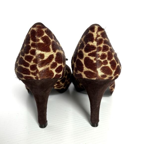 Alex Marie Cheetah Peep Toe Heels Pumps Brown Animal Calf Hair Bow Women’s 7.5 - Picture 3 of 8